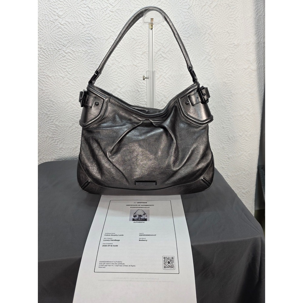 Burberry‎ Fairby Hobo Bag Women Large Anthracite Metallic Leather Good COA
